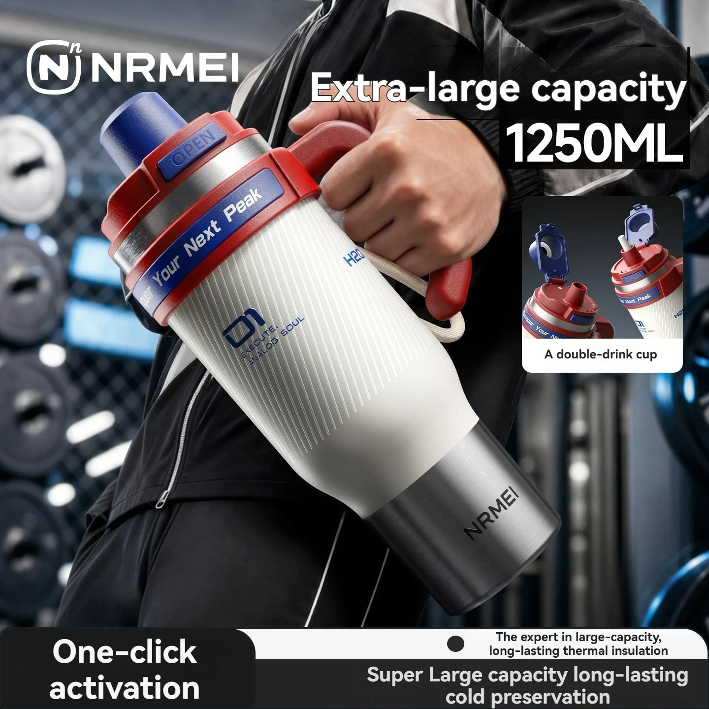 1250ml Stainless Steel Ceramic Tumbler - Large Insulated Water Bottle with Straw for Cold Drinks & Travel