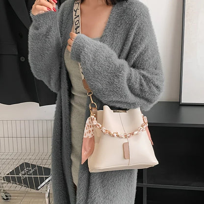 Luxury Women's Shoulder Bag - Large Capacity Ribbon Chain Crossbody Bucket Bag