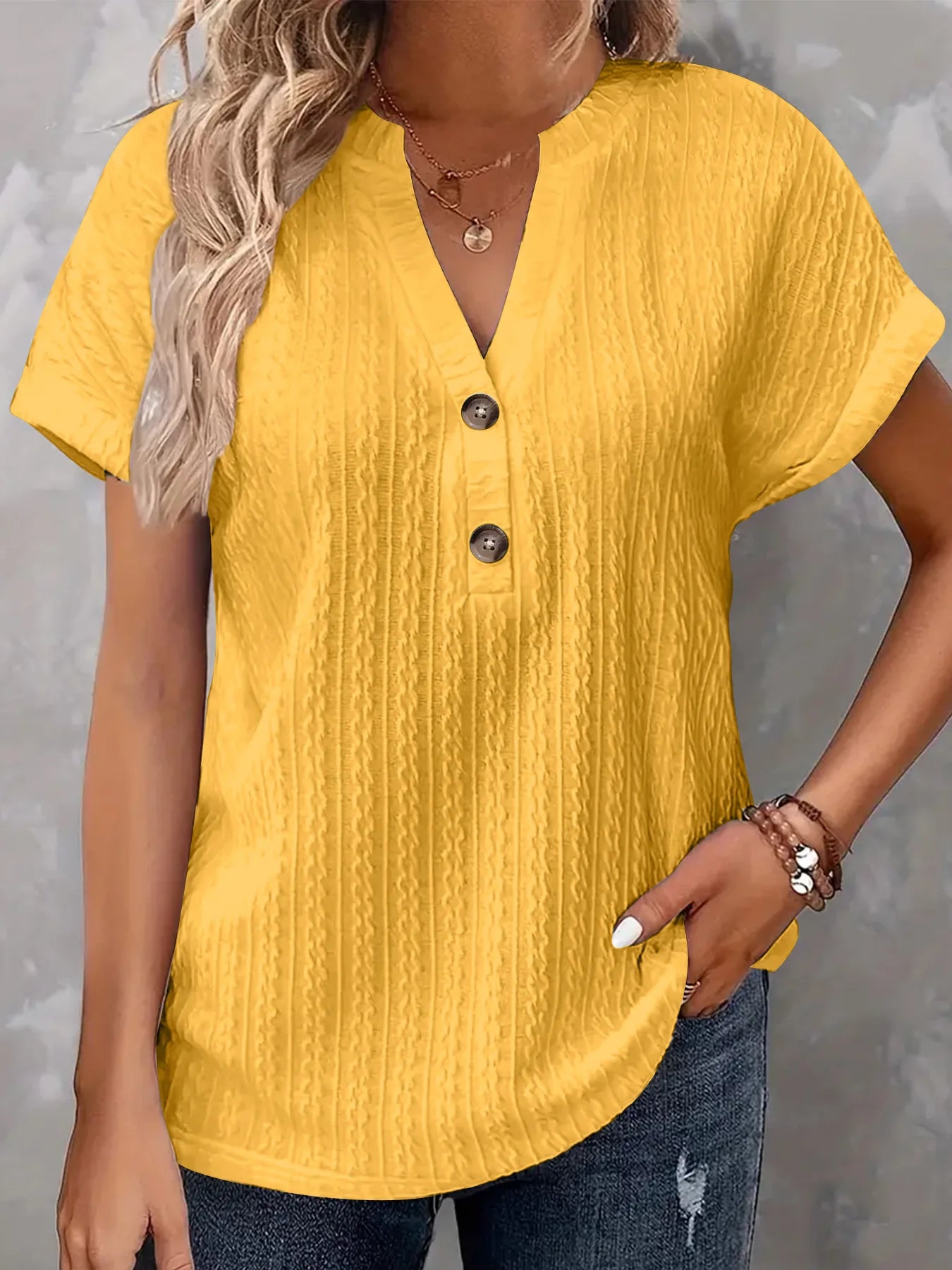 Women’s Casual Short Sleeve V-Neck Button Blouse – Loose Fit Summer Pullover Fashion Shirt