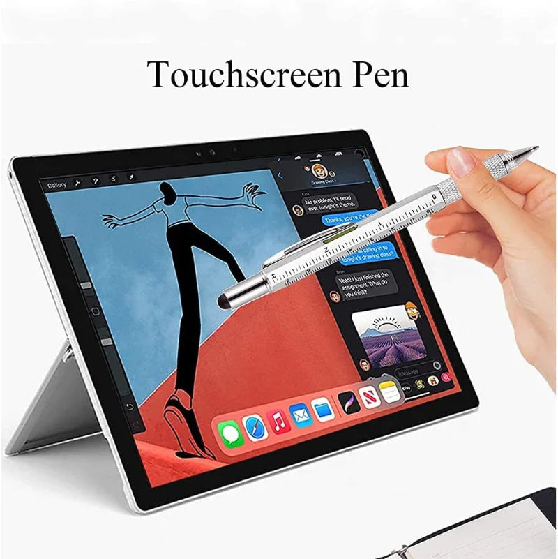 Multi-functional Capacitive Pen with Screwdriver, Spirit Level, Ballpoint Pen - Mobile Phone Screen Touch Gadget and Construction Tool