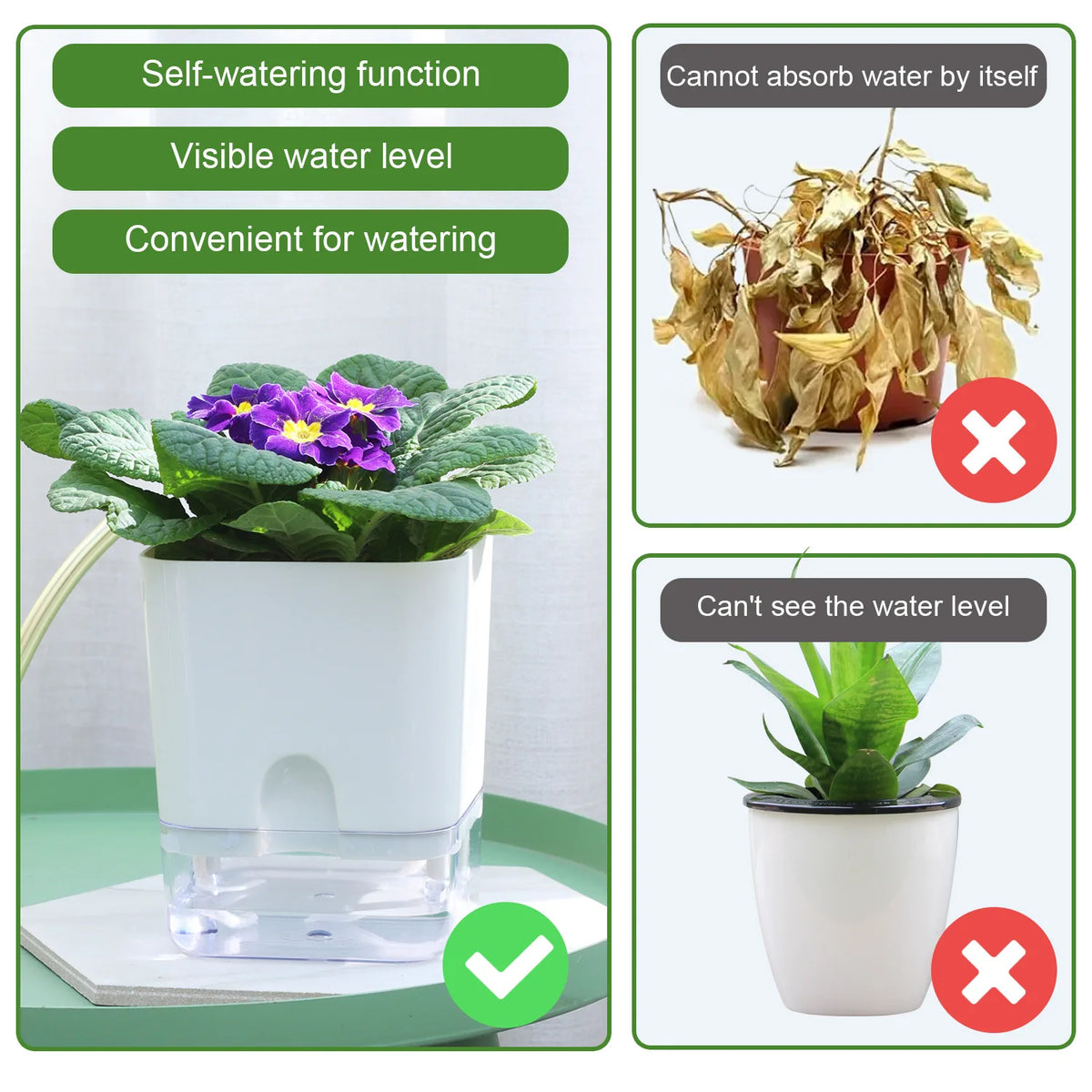 Double-Deck Self-Watering Flower Pot - Magnetic Plastic Planter with Self-Absorbing Cotton Wick for Indoor Plants, Home, and Garden