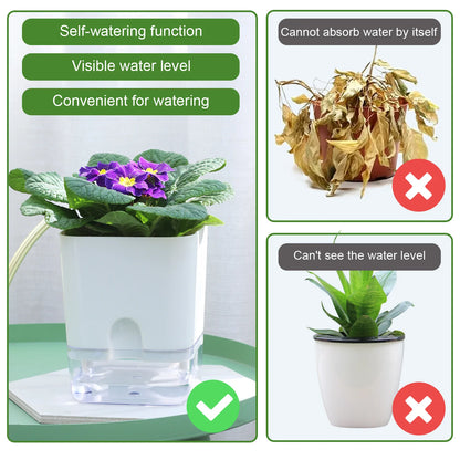 Double-Deck Self-Watering Flower Pot - Magnetic Plastic Planter with Self-Absorbing Cotton Wick for Indoor Plants, Home, and Garden