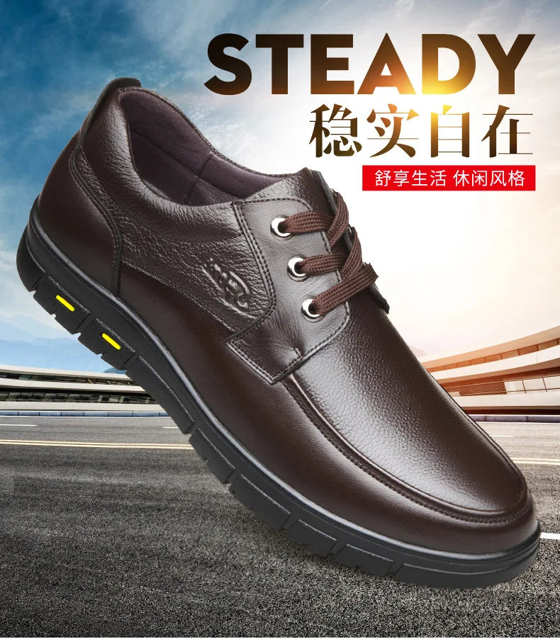 Men's Genuine Leather Casual Shoes - Soft Sole Lace-Up Loafers, Luxury Brand for Middle-Aged & Older Adults, Lightweight Dad Shoes