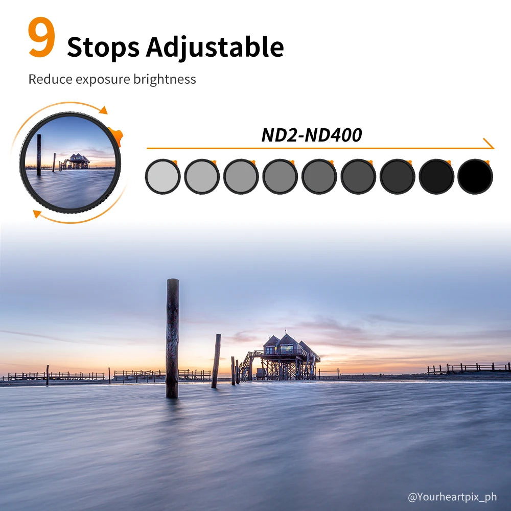K&F Concept Variable ND Filter ND2–ND400 | HD Adjustable Neutral Density Lens Filter, 49mm–82mm