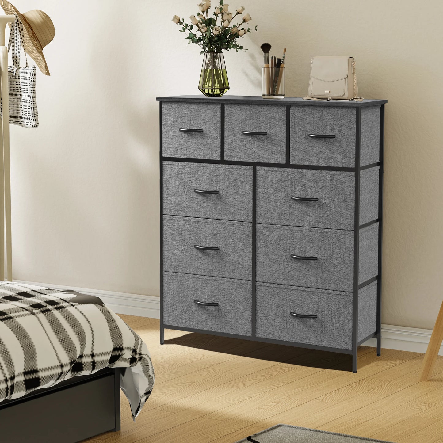 Dresser for Bedroom – 9 Fabric Storage Drawers, Tall Chest Organizer for Adult & Kids Clothes, Closet Cabinet Furniture