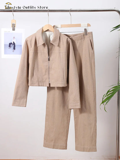 Women’s Cotton Linen Trousers Set — Casual Lapel Crop Top & Straight Pants Streetwear Spring Autumn Outfit