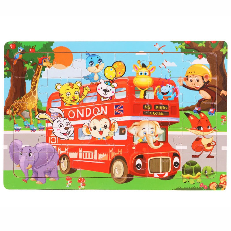 30PCS Wooden Jigsaw Puzzle – Cartoon Animal & Vehicle Educational Toys for Kids