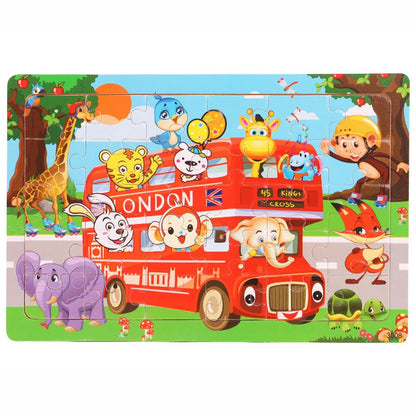 30PCS Wooden Jigsaw Puzzle – Cartoon Animal & Vehicle Educational Toys for Kids