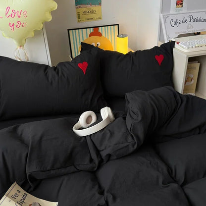 Washed Cotton Bedding Set - Soft Cool Duvet Cover, Bed Sheet & Heart-Shaped Towel Set