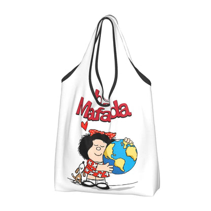 Anime Mafalda Cartoon Grocery Tote Bag – Large Capacity Fashion Shopper Shoulder Handbag, Portable Kawaii Canvas Bag for Everyday Use