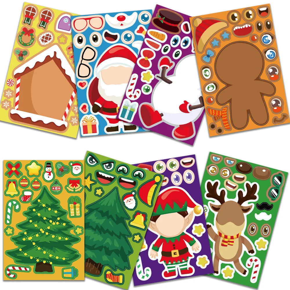 8-Piece Christmas Snowman Puzzle Stickers – Cartoon Face-Making Waterproof Craft Decals for Holiday Party