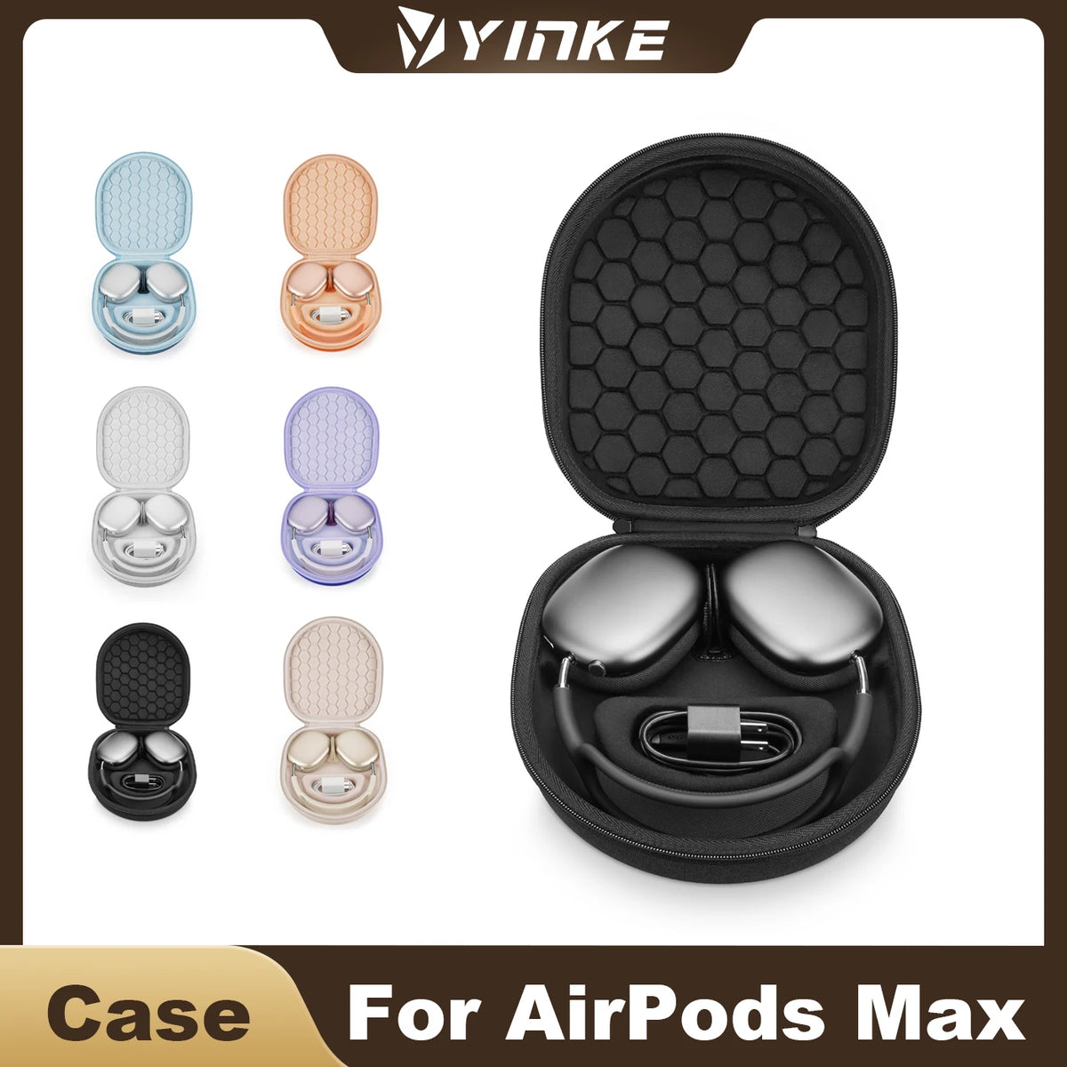 Yinke AirPods Max Travel Case - Shockproof EVA Storage Bag with Velvet Interior, Dual Zippers & Sleep Mode Support
