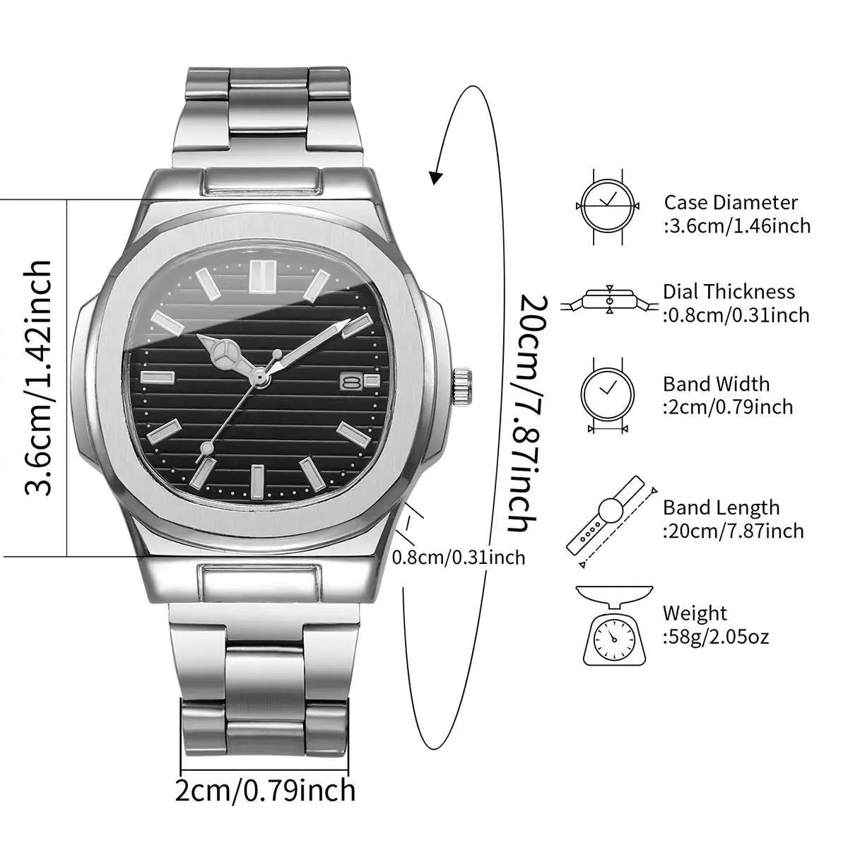 Luxury Men’s Business Watch - Square Dial Stainless Steel Quartz Watch with Calendar