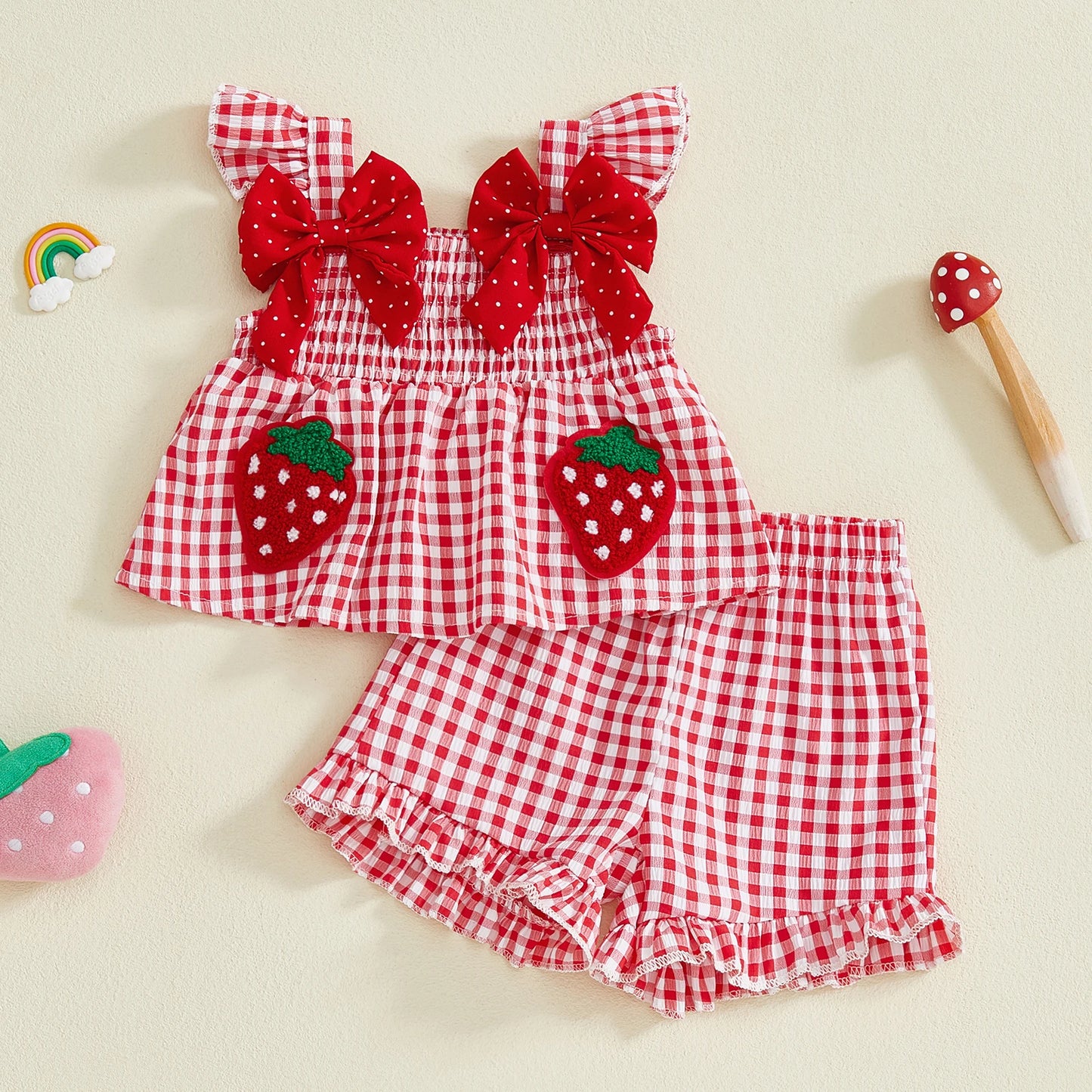 Toddler Baby Girl Strawberry Embroidered Plaid Summer Outfit – Ruffled Tank Top & Shorts 2-Piece Set