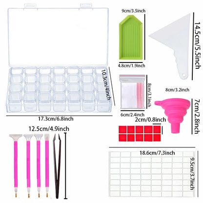28-Grid Diamond Painting Storage Box – With Funnel, Sticker, Pen, and Embroidery Accessories Container