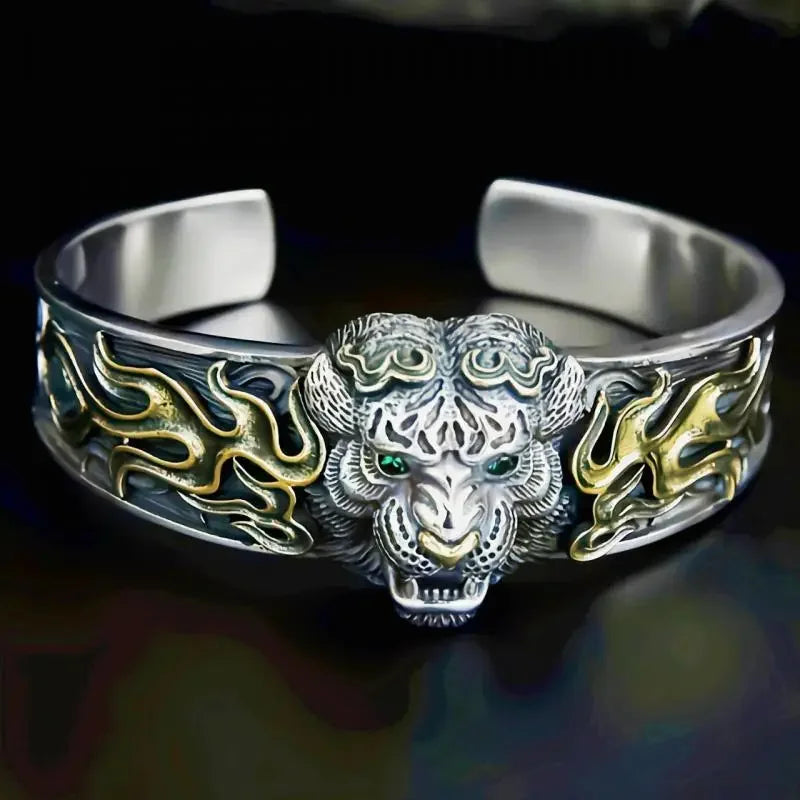 Retro Tibetan Six-Character Mantra Bracelet — Silver Plated Lotus Cuff for Men