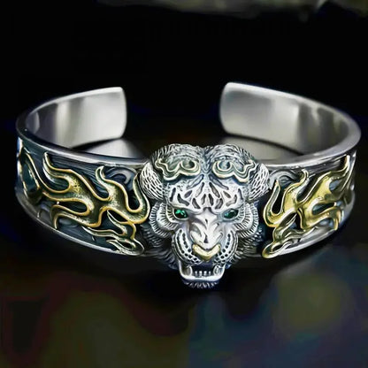 Retro Tibetan Six-Character Mantra Bracelet — Silver Plated Lotus Cuff for Men