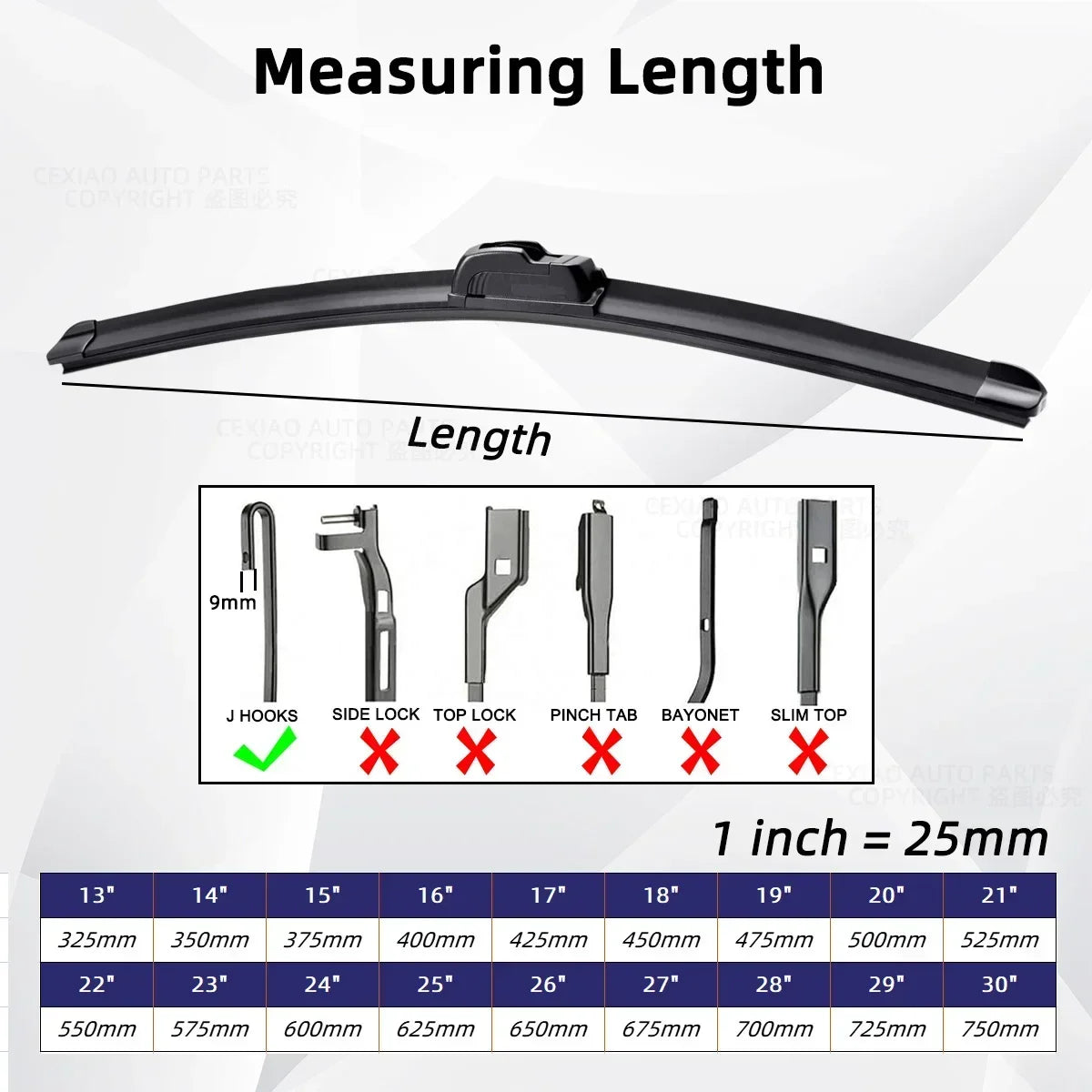 Car Wiper Blades J Hook – Soft Rubber Windscreen Wipers, 13" 18“ 19" 20" 21" 22" 24" 26" Sizes for Automobiles