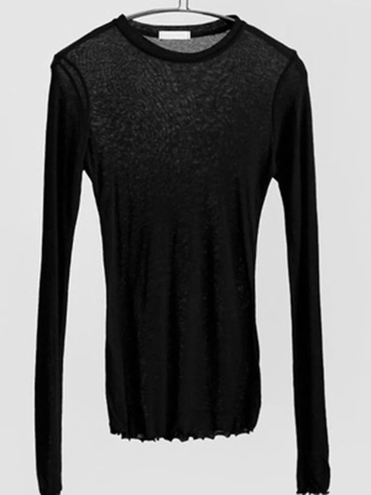 High Quality Women's Plain Cotton T-Shirt - Elastic Basic Long Sleeve Casual Top, Sexy Thin See-Through Tee