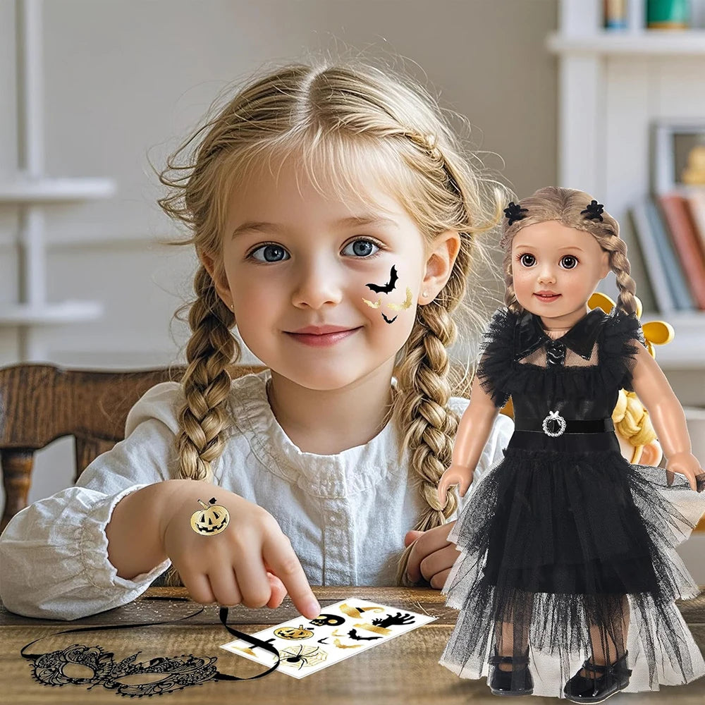 18-Inch Girl Doll Halloween Dress – Wednesday Outfit for 43–45cm American Girl Dolls, Skirt & Toy Gift Set