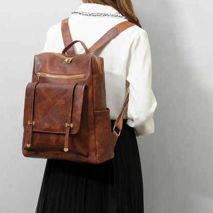 Trendy Women's Vintage PU Leather Backpack - Brown Daypack, Casual Travel and Retro Student School Bag