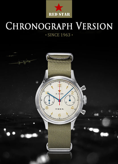 RED STAR 38mm Men's 1963 Chronograph Mechanical Watch – Pilot Air Force Aviation with Seagull ST1901 Movement & Sapphire Glass