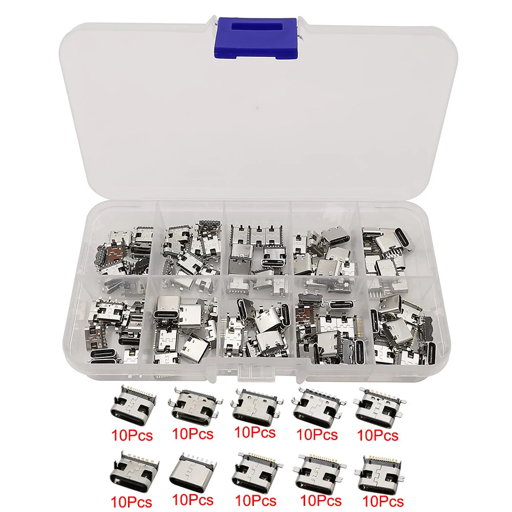 100Pcs Type-C USB Female Charging Socket Connector – 6Pin & 16Pin PCB Soldering DIY Repair Adapter