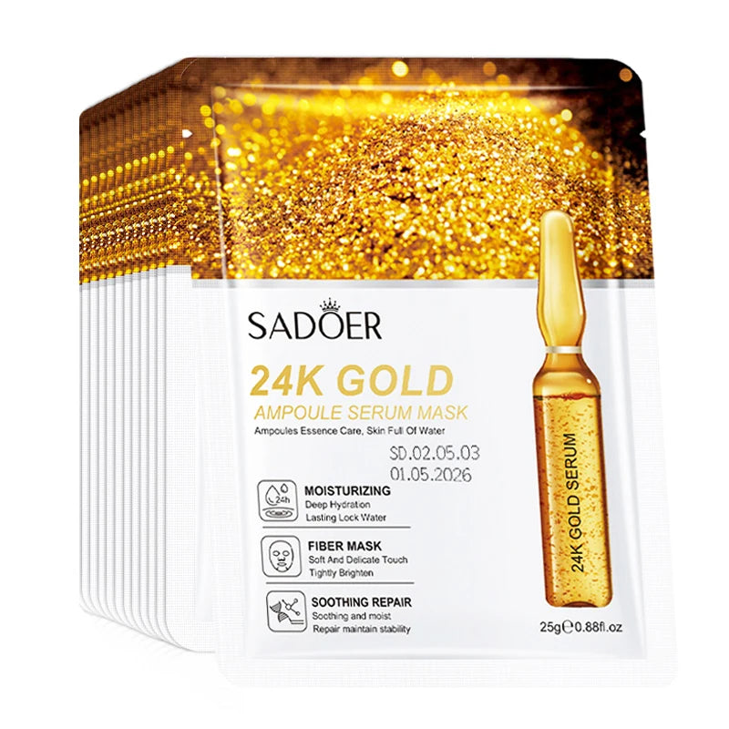 10pcs SADOER 24K Gold Face Masks – Vitamin C & Hyaluronic Acid for Moisturizing, Firming & Hydrating Skin Care