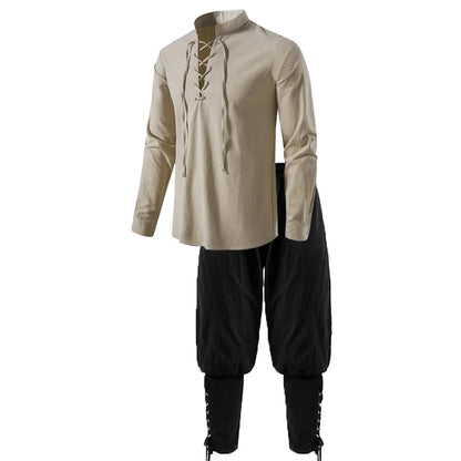 Men's Medieval Knight Costume Set – Renaissance Pirate Shirt & Ankle Pants Halloween Cosplay in Cotton Linen