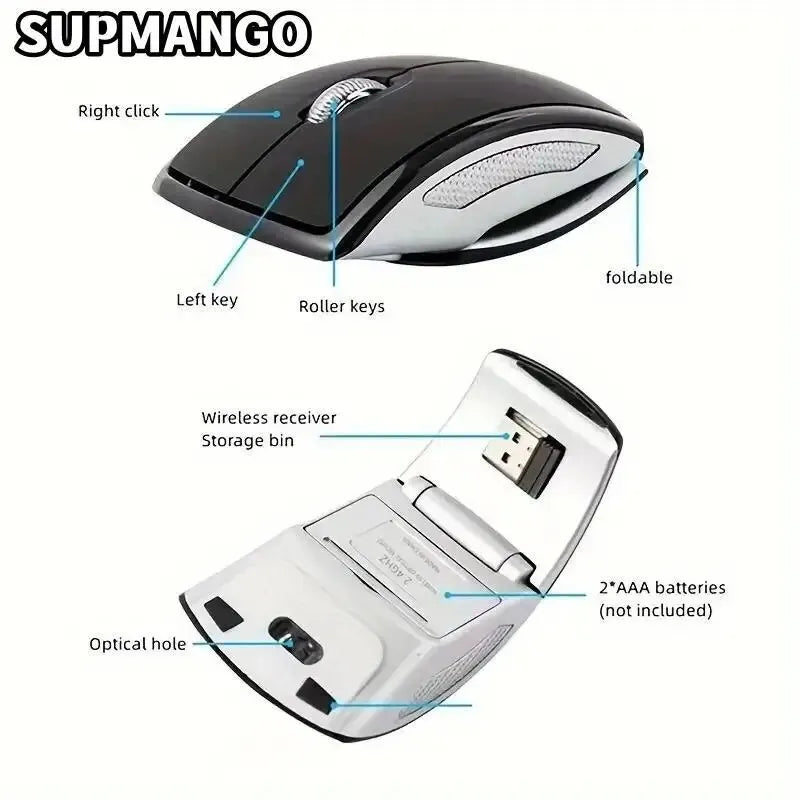 2.4G Wireless Foldable Mouse - Portable Mini Ergonomic USB Mouse for Laptop, PC, and Desktop