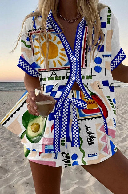 Women’s Summer 2-Piece Set – Lapel Short-Sleeve Shirt & Shorts, Elegant Loose Printed Outfit