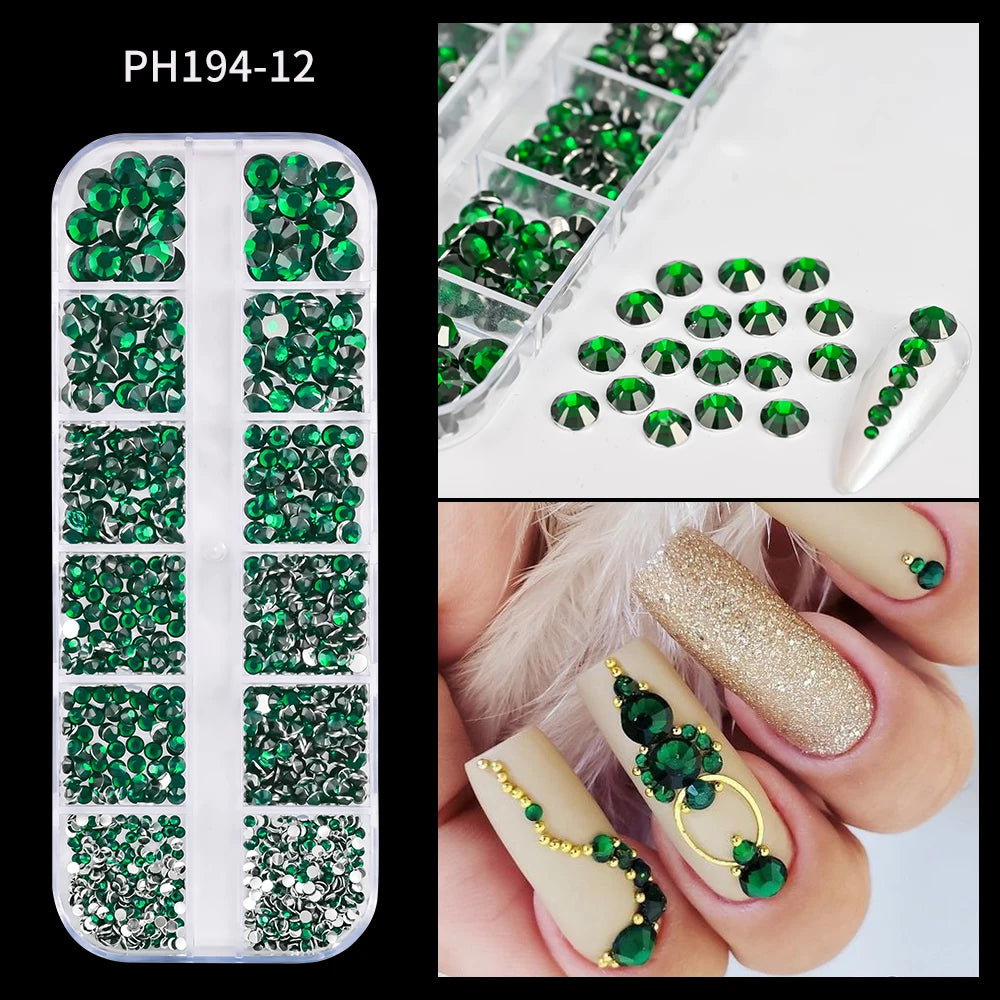12-Grid Mixed Nail Rhinestones SS6-SS30 – Shiny Flat-Back Gems in Clear, Gold, Pink & Blue for Nail Art Decoration