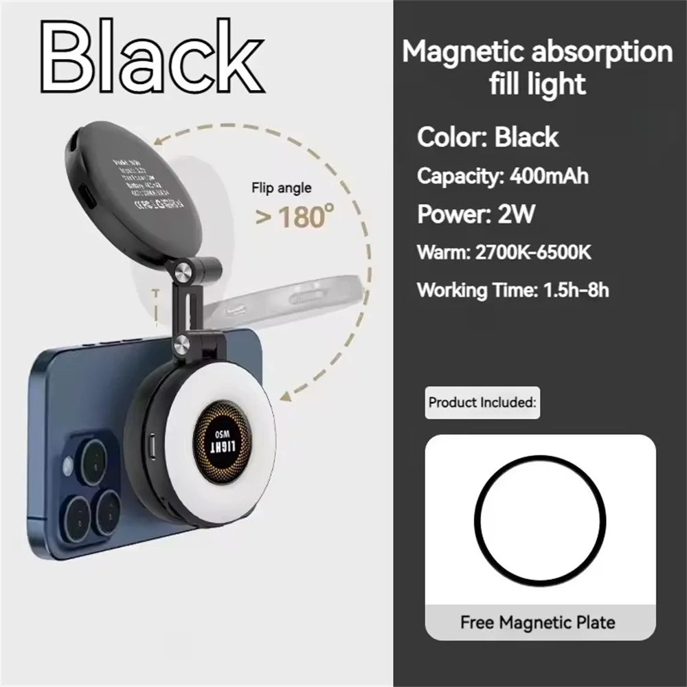 2-in-1 Portable Foldable Magnetic Ring Fill Light Phone Holder - Rechargeable Travel, Selfie & Desktop Stand