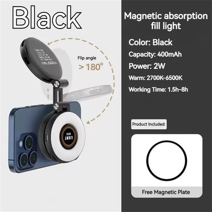 2-in-1 Portable Foldable Magnetic Ring Fill Light Phone Holder - Rechargeable Travel, Selfie & Desktop Stand