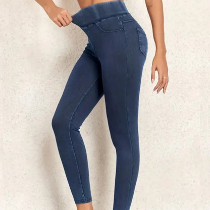 Women's Faux Denim Yoga Leggings - High Waist Stretch Fitness & Workout Skinny Tights