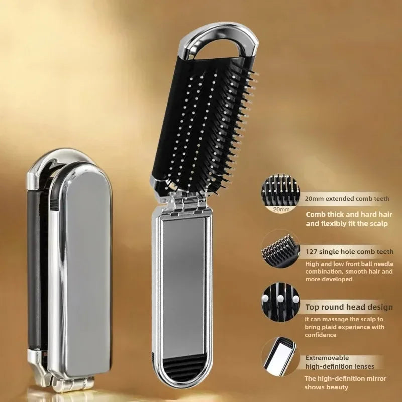 Foldable Hair Comb with Mirror - Portable Scalp Massage Brush, Anti-Static Travel Styling Tool for Girls