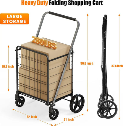 Extra Large Collapsible Grocery Cart on Wheels — Heavy Duty Shopping Cart with Baskets & Waterproof Liner