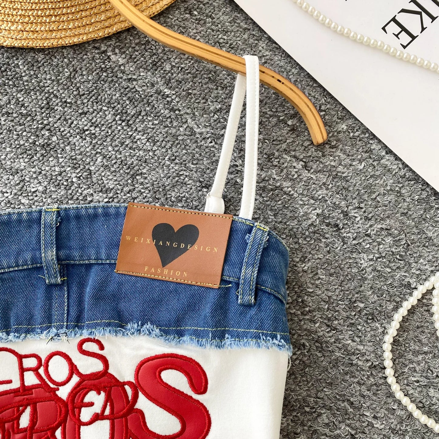 SINGREINY Y2K Denim Patchwork Crop Top — Women’s Retro Letter Embroidery Slim Streetwear Strap Top