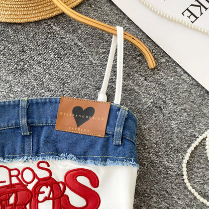 SINGREINY Y2K Denim Patchwork Crop Top — Women’s Retro Letter Embroidery Slim Streetwear Strap Top