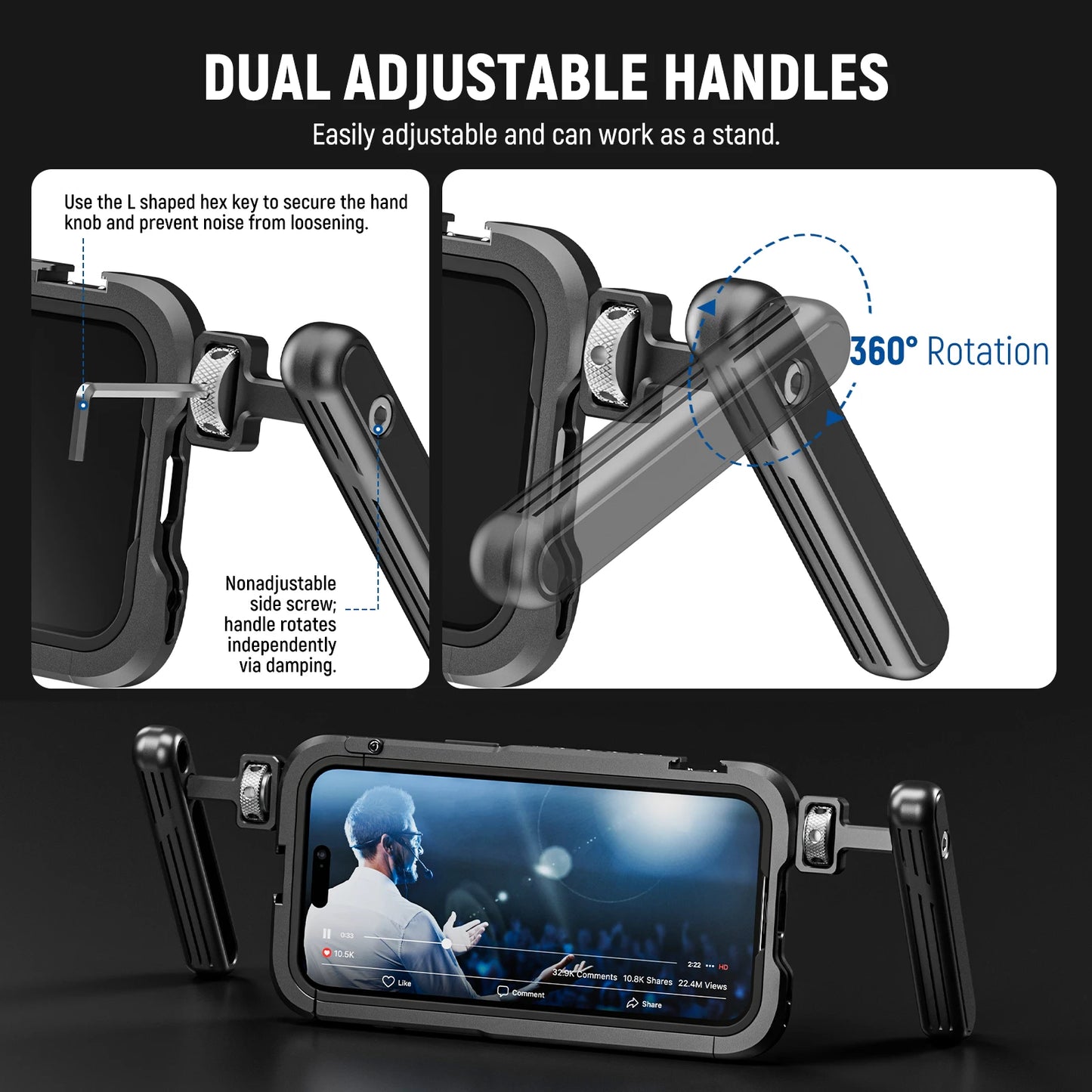 NEEWER Phone Cage Video Rig — Dual Handles Stabilizer for iPhone 15 Pro / Pro Max | Smartphone Video Recording Rig