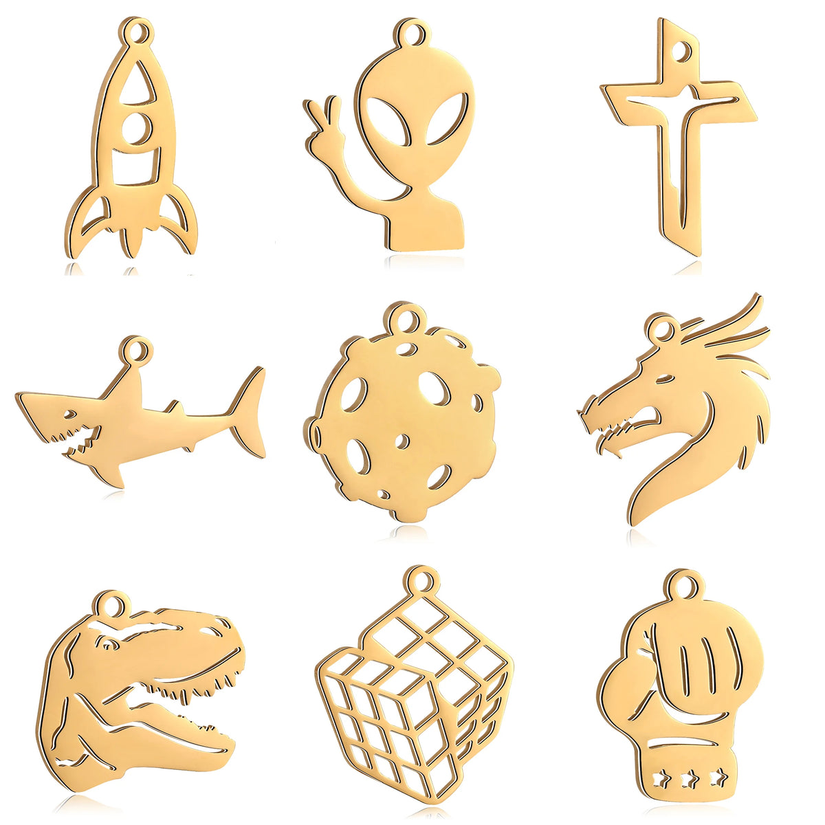 5-Piece Stainless Steel Charm Set - Magic Cube, Cross, Space Rocket, Boxing Glove, and Dinosaur DIY Jewelry Pendants