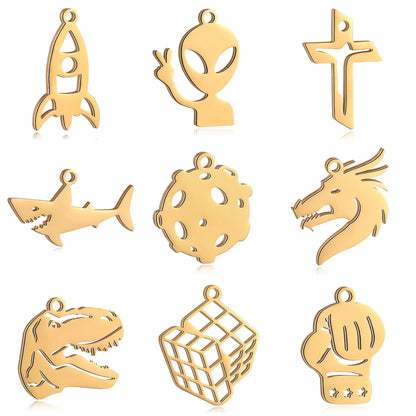 5-Piece Stainless Steel Charm Set - Magic Cube, Cross, Space Rocket, Boxing Glove, and Dinosaur DIY Jewelry Pendants