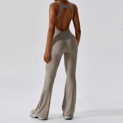 Flaunt Your Style: Sexy Back V Jumpsuit Gym Set - Women's Sportswear, Fitness Rompers for Stretch Workout Bodysuits