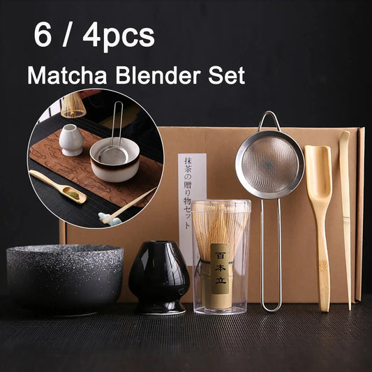 4/6Pcs Bamboo Matcha Tea Whisk Set – Scoop, Brush, Strainer & Bowl for Japanese Tea Ceremony