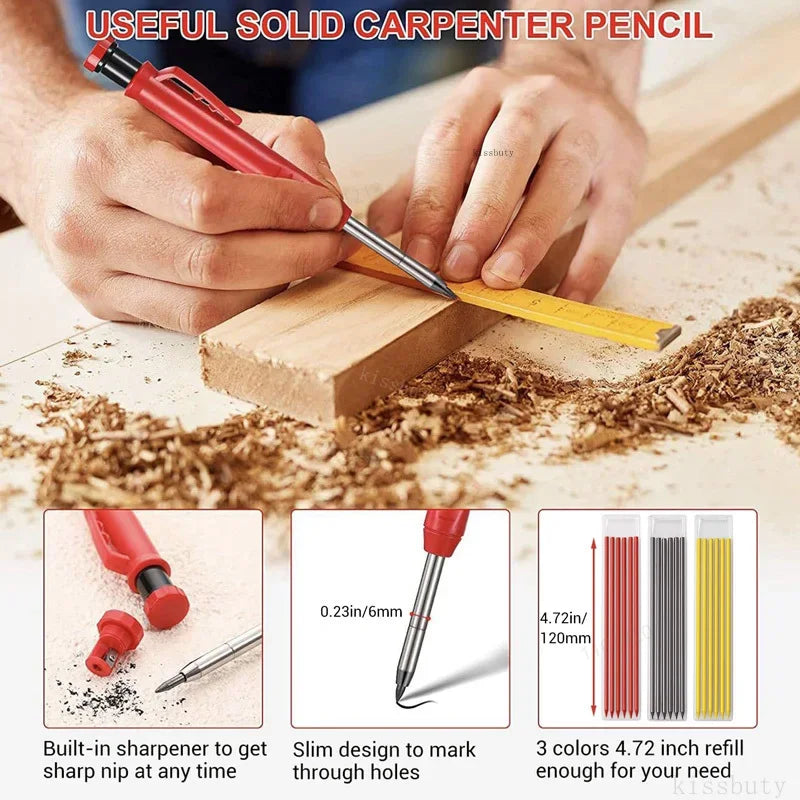 Carpenter Mechanical Pencil Set - 2.8mm Solid Woodworking Pencil With Sharpener & 3 Color Refills For Construction Tools