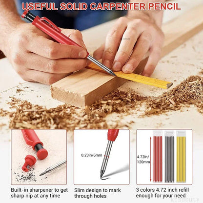 Carpenter Mechanical Pencil Set - 2.8mm Solid Woodworking Pencil With Sharpener & 3 Color Refills For Construction Tools