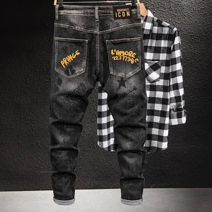 Luxury Korean Streetwear Slim Fit Denim Jeans – Punk Style with 3D Embroidery for Spring & Autumn
