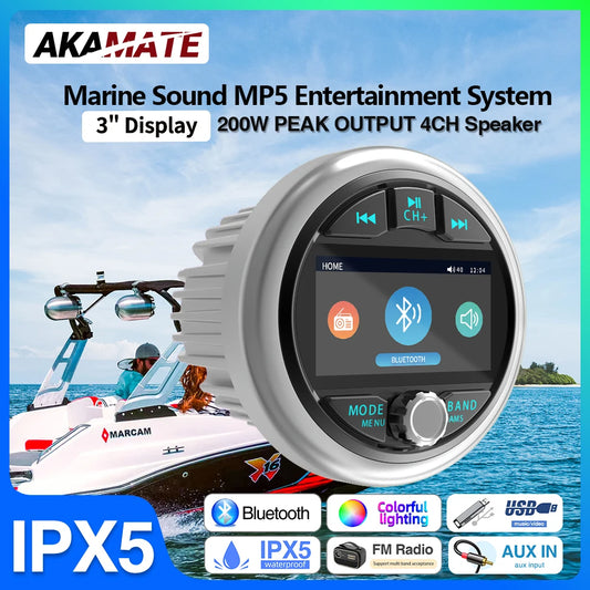 AKAMATE Boat Radio MP5 – Marine Stereo Media Player with AM/FM RDS, Bluetooth, AUX, MP3/MP4 Video Play for ATV, UTV, SPA, RZR