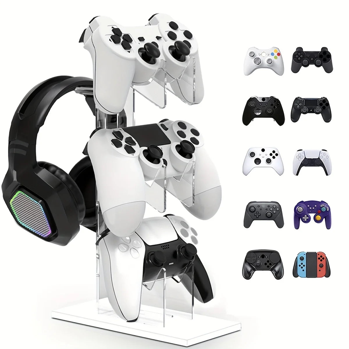 Universal 3-Tier Controller & Headphone Stand – PS5/PS4 Storage Holder in Black, White & Clear