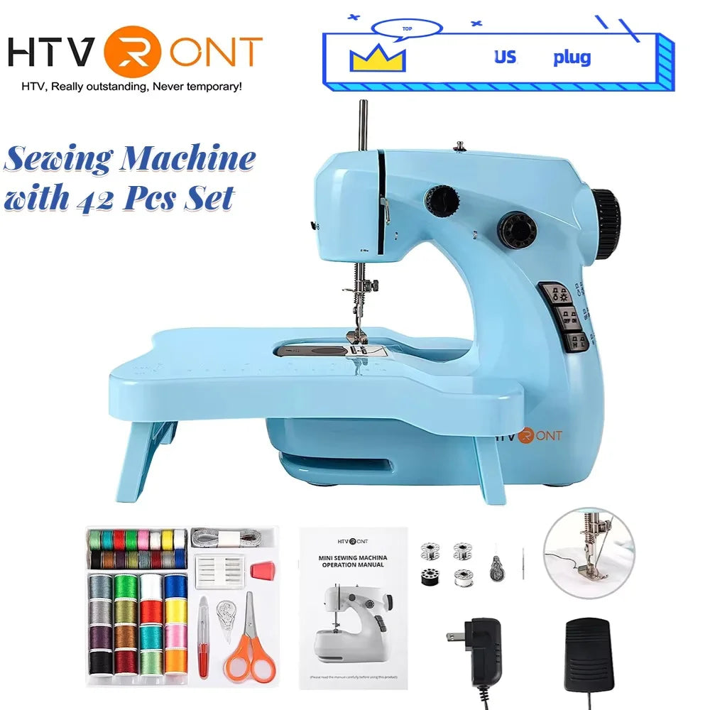 HTVRONT Mini Electric Sewing Machine for Beginners — Portable Household Sewing Kit with 42PCS, Foot Pedal, and Straight Stitch Table Tool